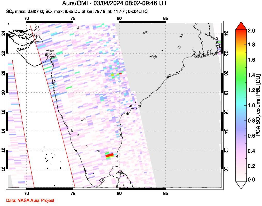 A sulfur dioxide image over India on Mar 04, 2024.