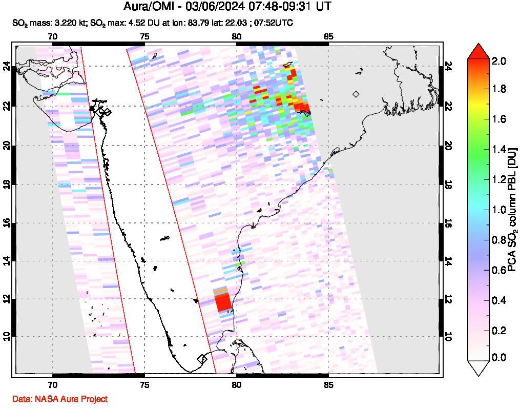 A sulfur dioxide image over India on Mar 06, 2024.