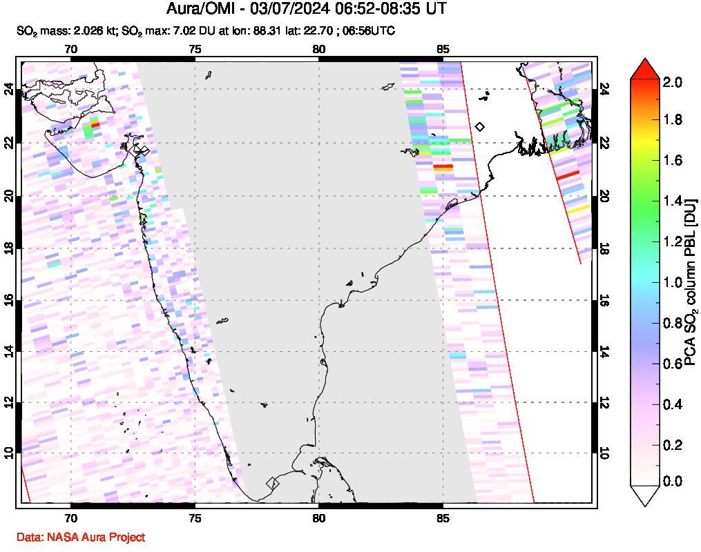 A sulfur dioxide image over India on Mar 07, 2024.