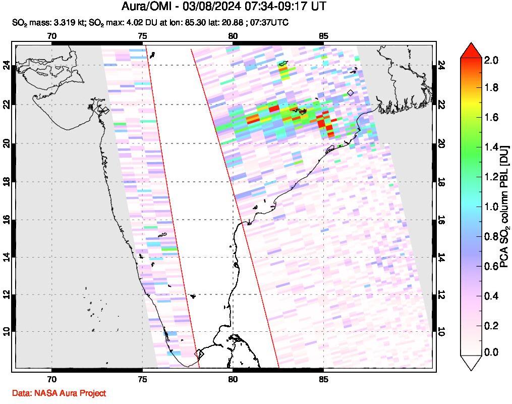 A sulfur dioxide image over India on Mar 08, 2024.