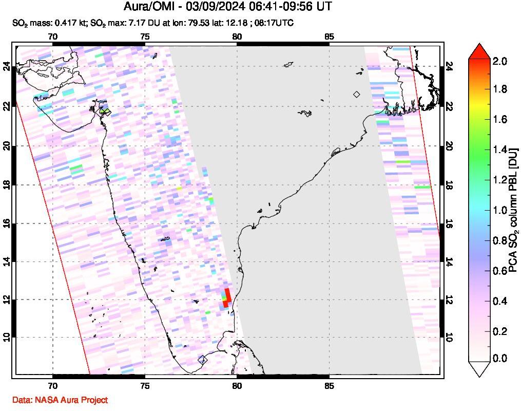 A sulfur dioxide image over India on Mar 09, 2024.