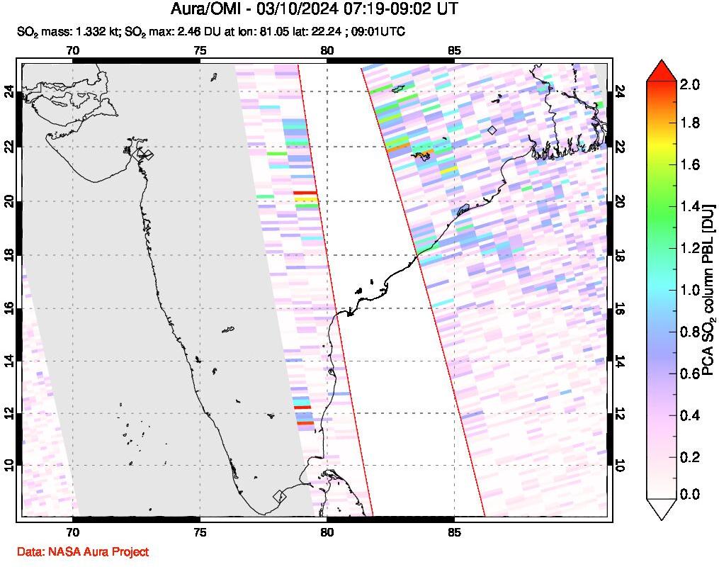 A sulfur dioxide image over India on Mar 10, 2024.