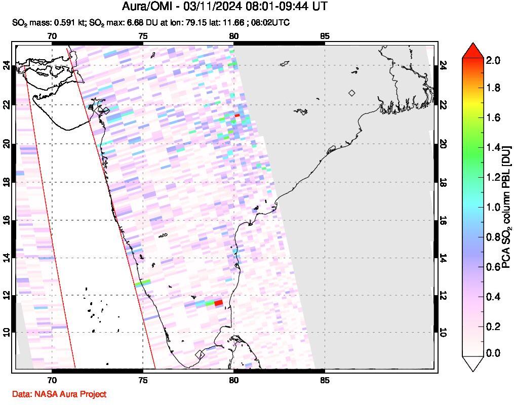 A sulfur dioxide image over India on Mar 11, 2024.