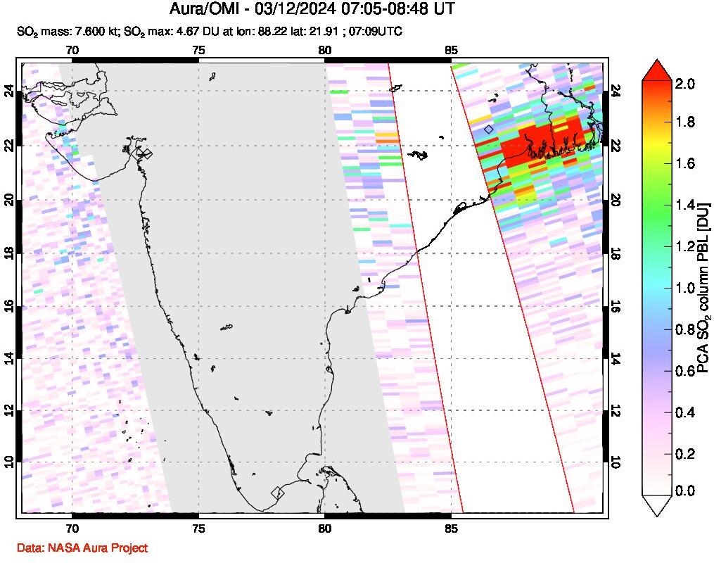 A sulfur dioxide image over India on Mar 12, 2024.