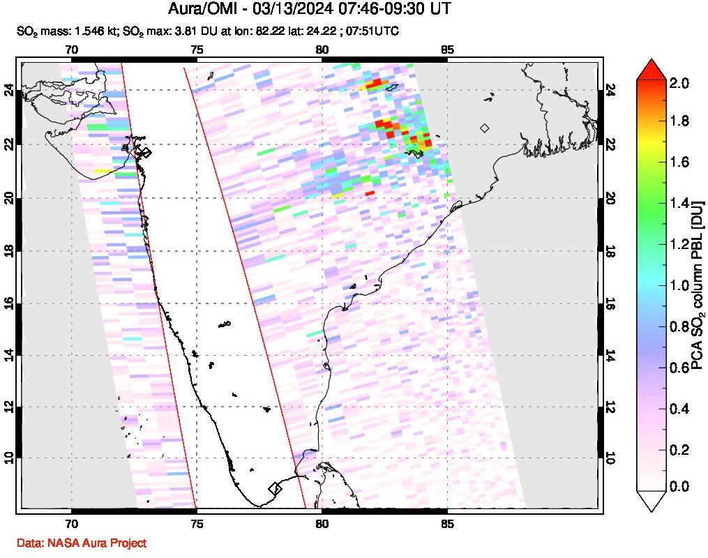 A sulfur dioxide image over India on Mar 13, 2024.