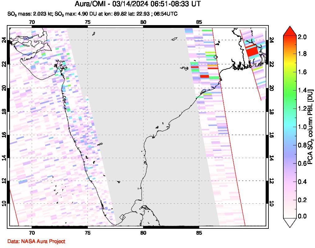 A sulfur dioxide image over India on Mar 14, 2024.