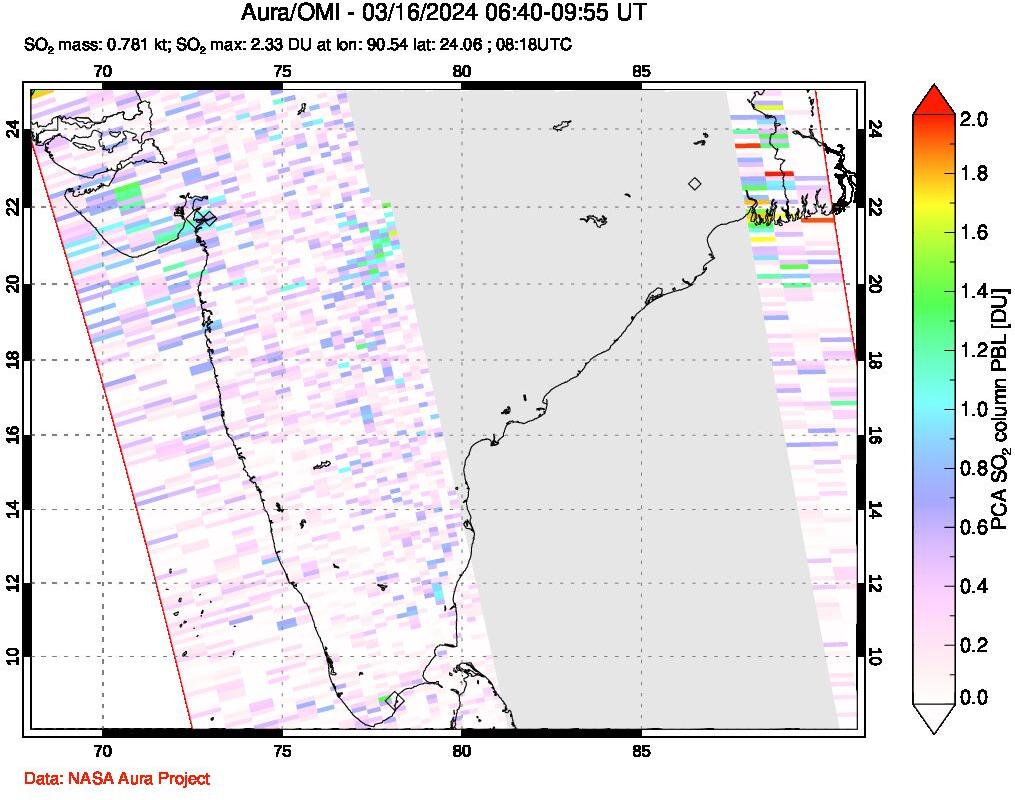 A sulfur dioxide image over India on Mar 16, 2024.