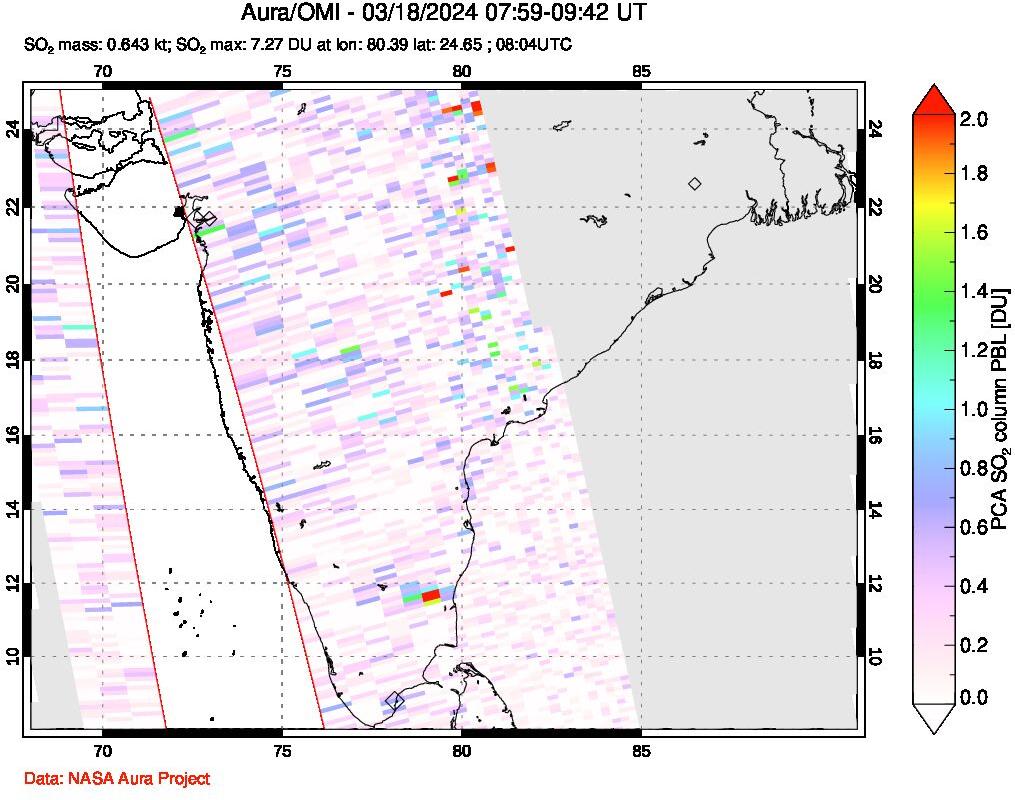 A sulfur dioxide image over India on Mar 18, 2024.