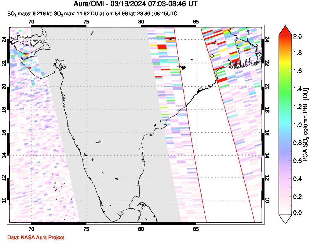 A sulfur dioxide image over India on Mar 19, 2024.