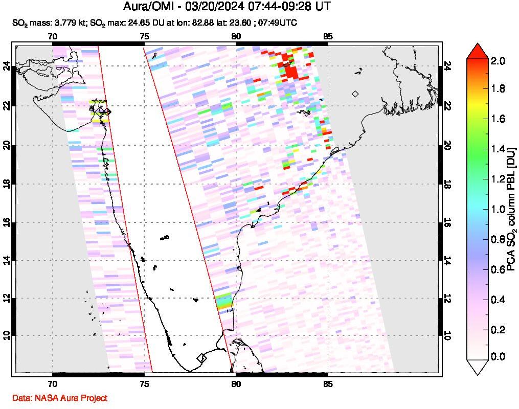 A sulfur dioxide image over India on Mar 20, 2024.