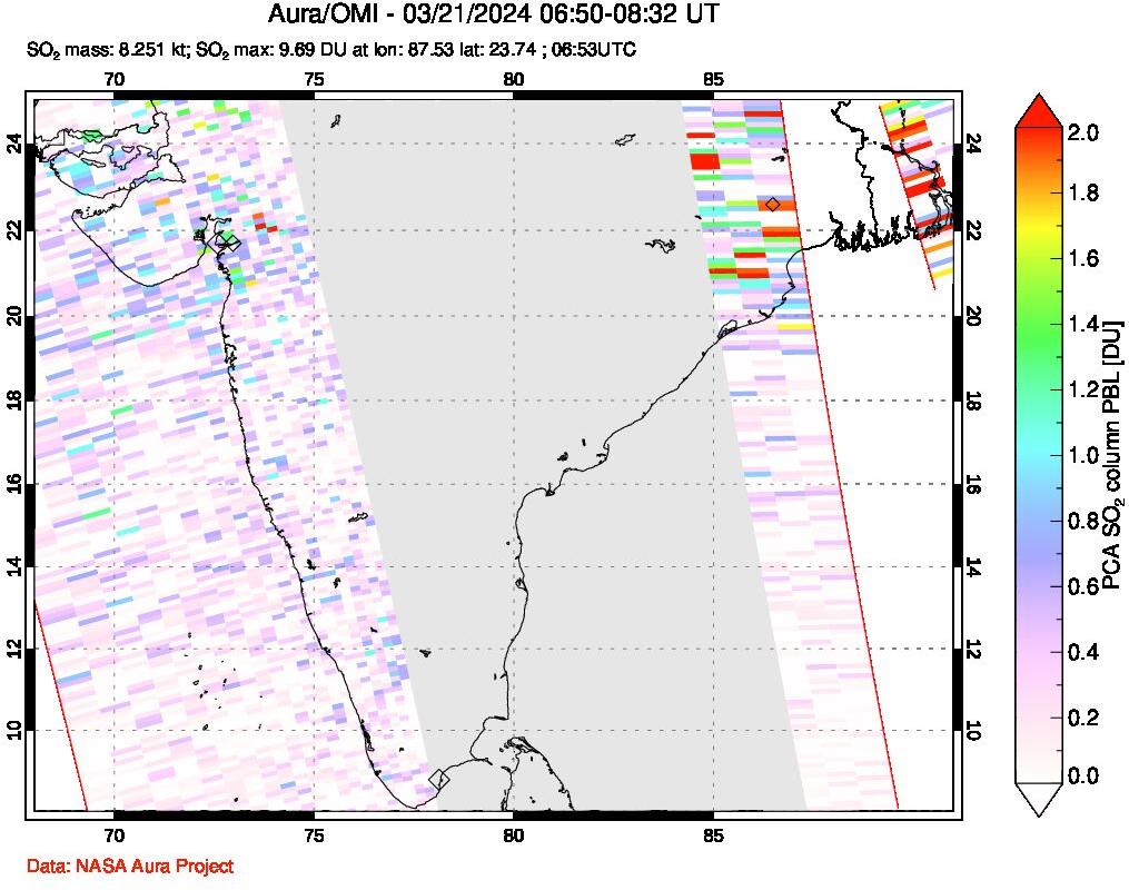 A sulfur dioxide image over India on Mar 21, 2024.