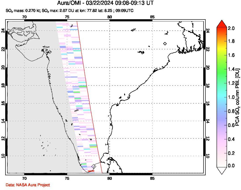 A sulfur dioxide image over India on Mar 22, 2024.