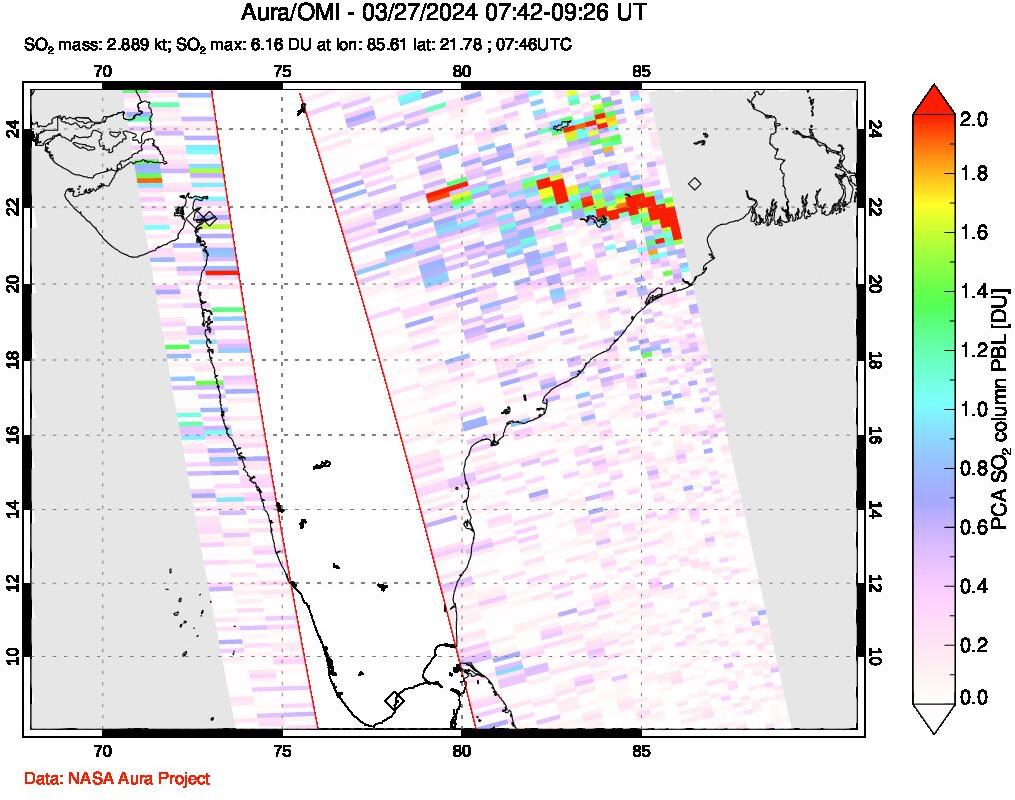 A sulfur dioxide image over India on Mar 27, 2024.