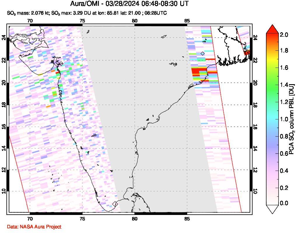 A sulfur dioxide image over India on Mar 28, 2024.