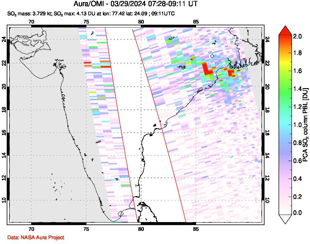 A sulfur dioxide image over India on Mar 29, 2024.