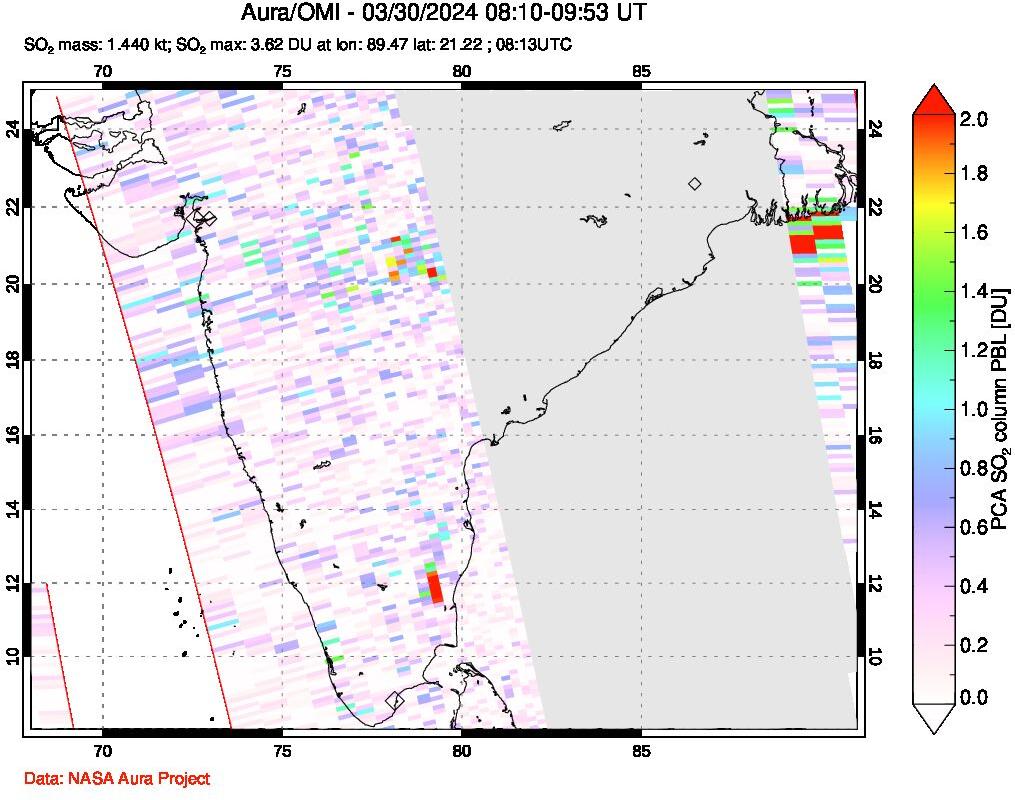 A sulfur dioxide image over India on Mar 30, 2024.