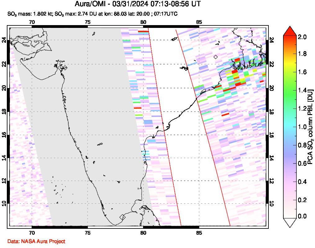 A sulfur dioxide image over India on Mar 31, 2024.