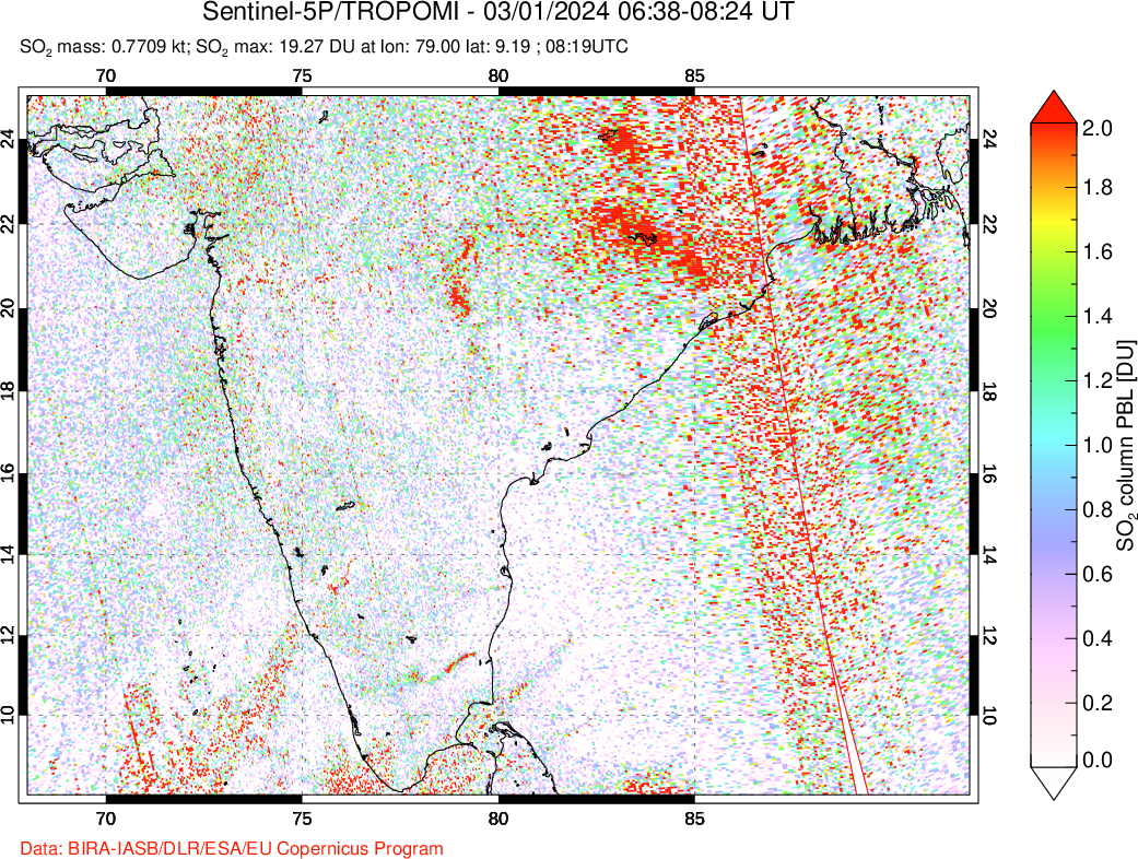 A sulfur dioxide image over India on Mar 01, 2024.