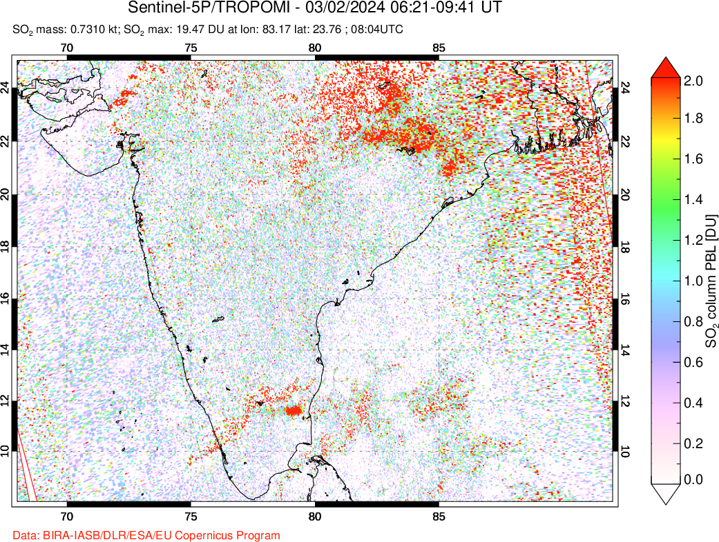 A sulfur dioxide image over India on Mar 02, 2024.