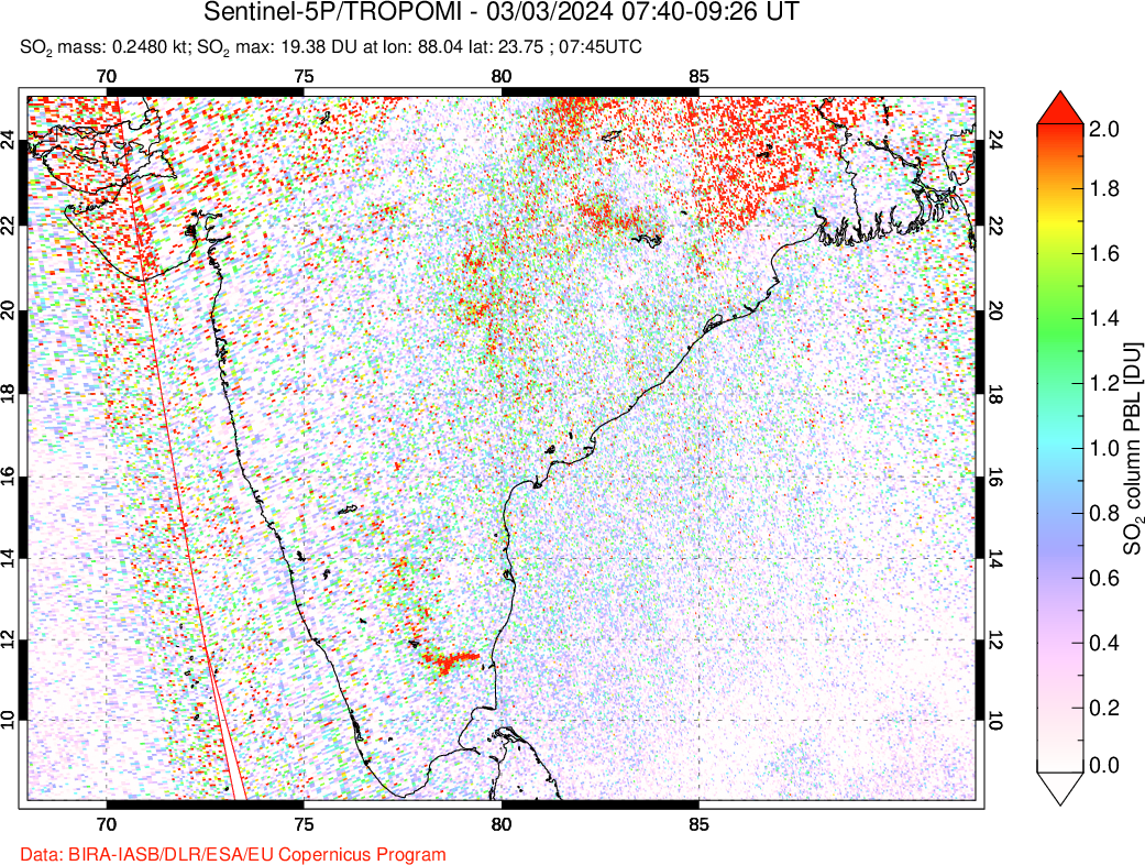 A sulfur dioxide image over India on Mar 03, 2024.