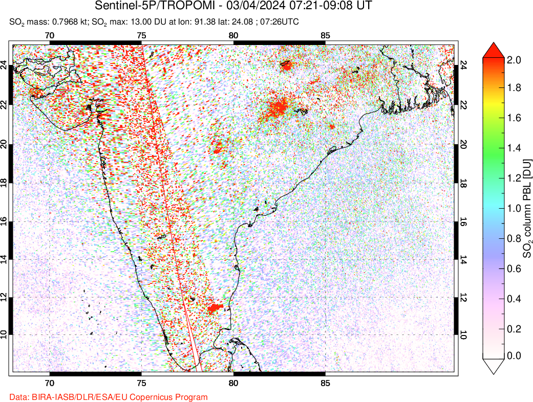 A sulfur dioxide image over India on Mar 04, 2024.