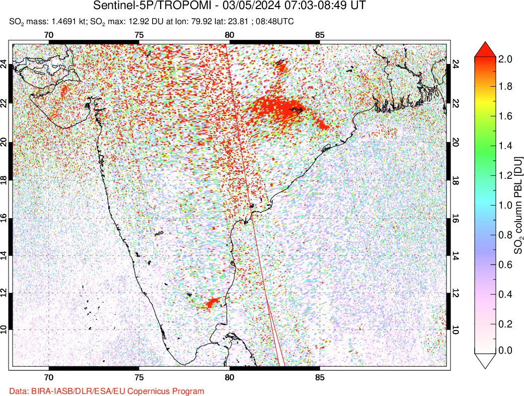 A sulfur dioxide image over India on Mar 05, 2024.