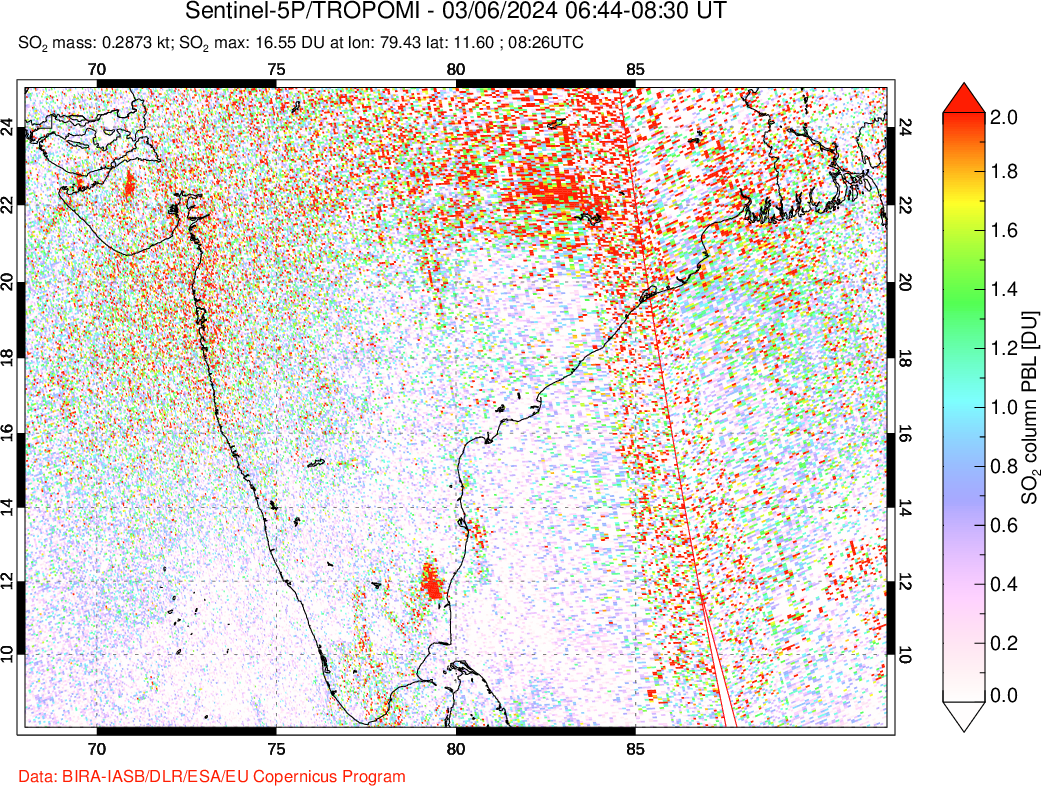 A sulfur dioxide image over India on Mar 06, 2024.