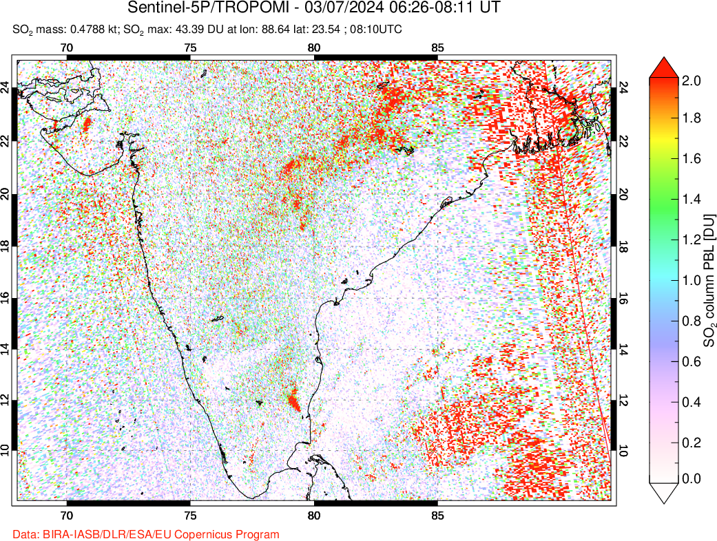 A sulfur dioxide image over India on Mar 07, 2024.