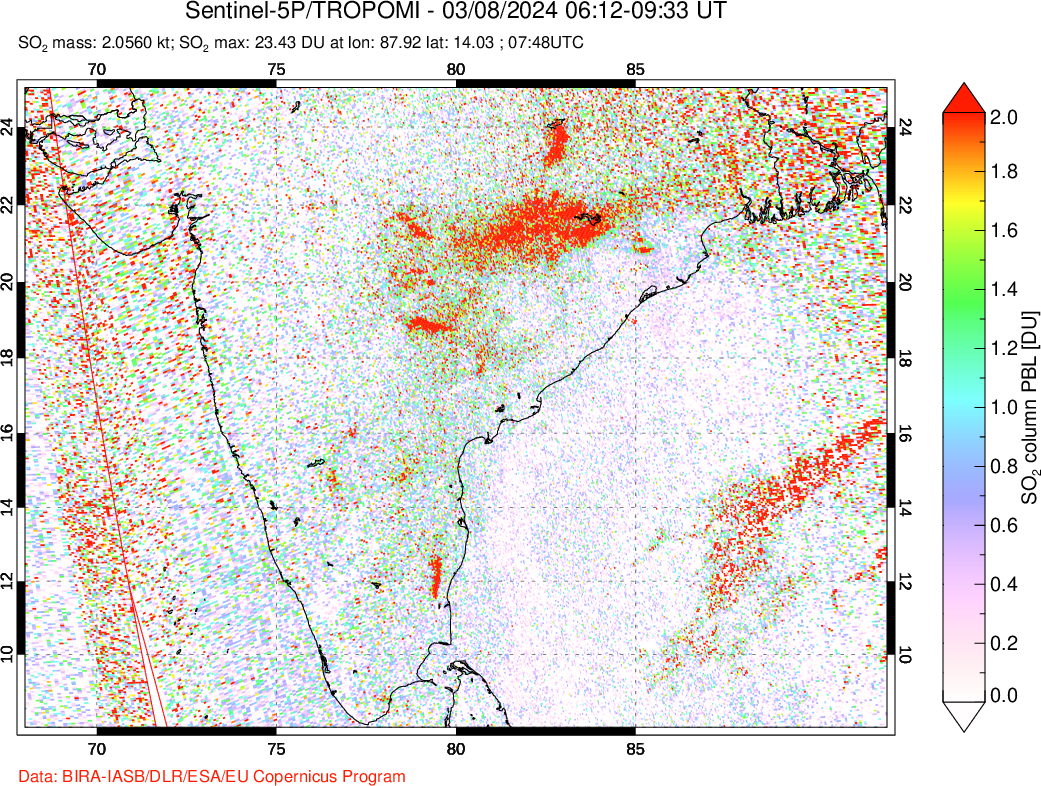 A sulfur dioxide image over India on Mar 08, 2024.