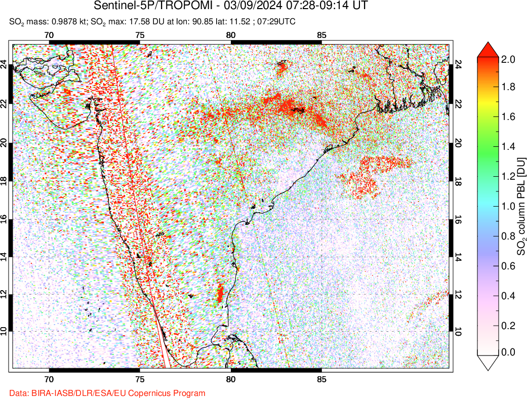 A sulfur dioxide image over India on Mar 09, 2024.