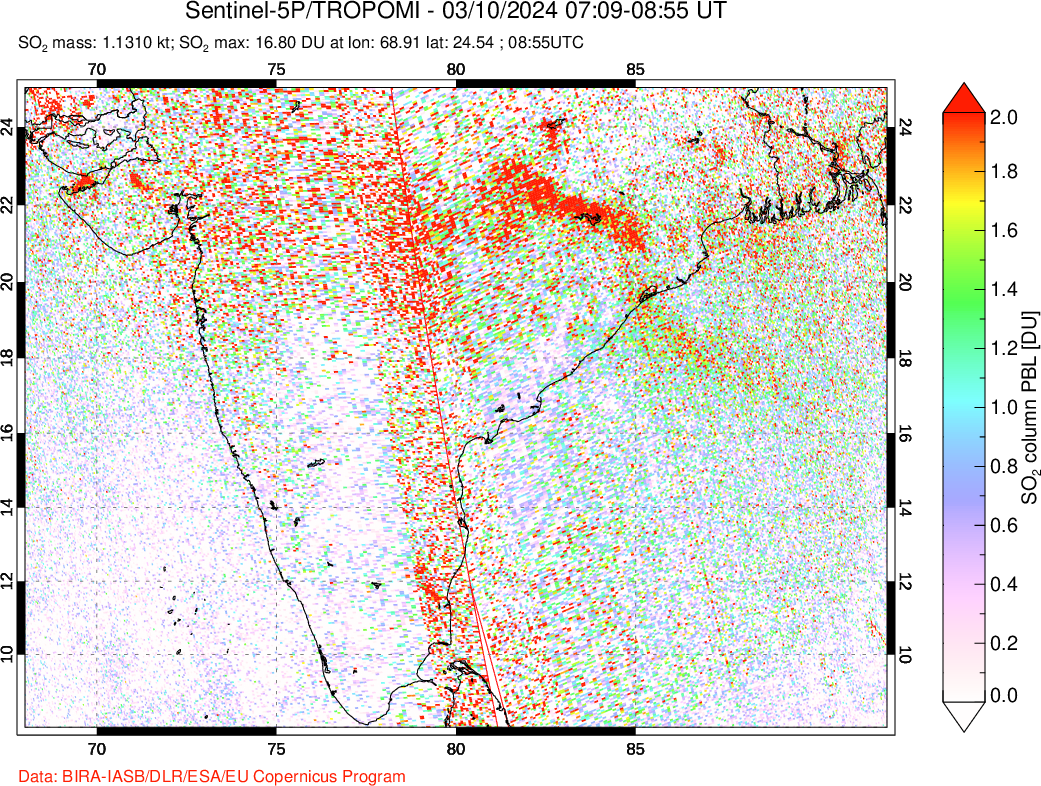 A sulfur dioxide image over India on Mar 10, 2024.