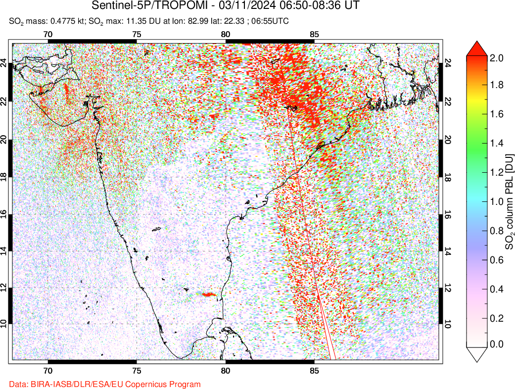 A sulfur dioxide image over India on Mar 11, 2024.