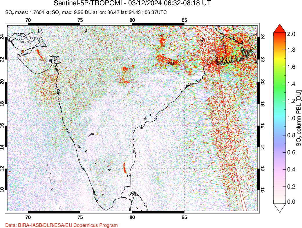 A sulfur dioxide image over India on Mar 12, 2024.