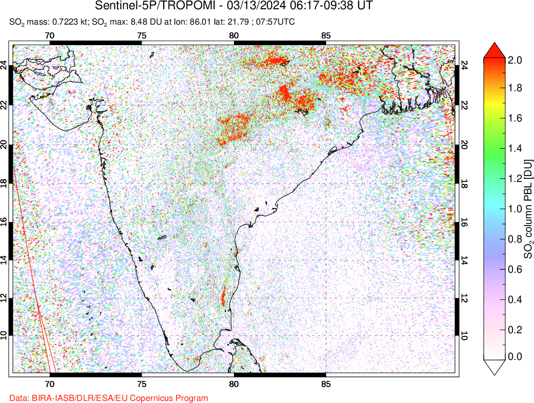 A sulfur dioxide image over India on Mar 13, 2024.