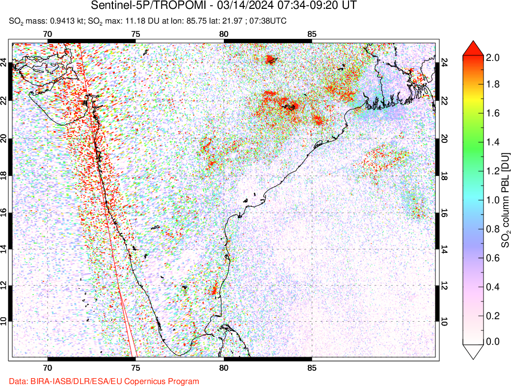 A sulfur dioxide image over India on Mar 14, 2024.