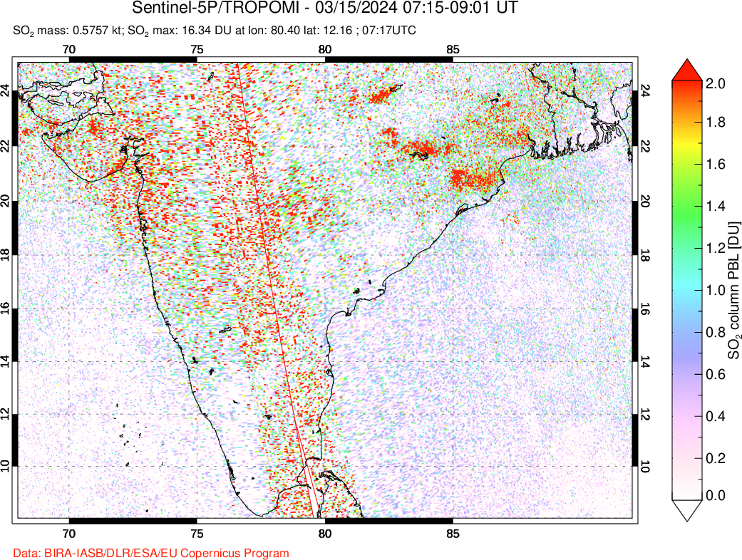 A sulfur dioxide image over India on Mar 15, 2024.