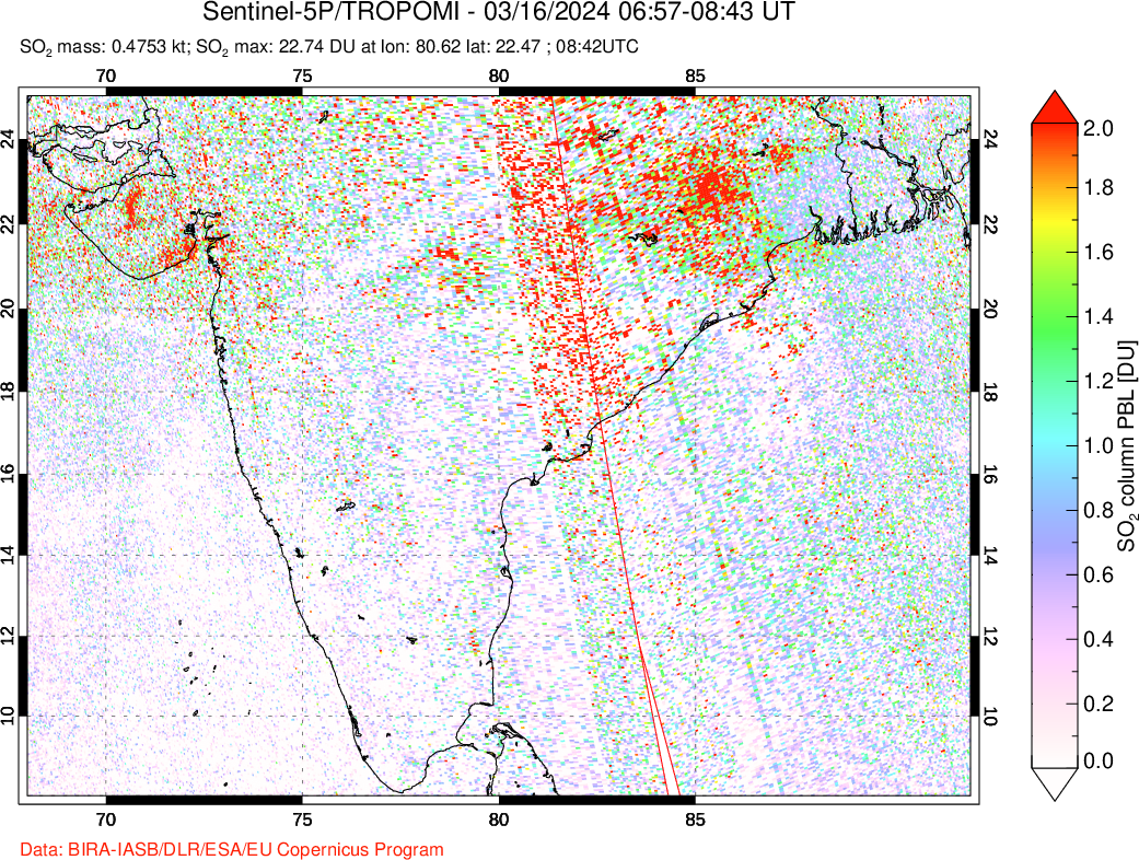 A sulfur dioxide image over India on Mar 16, 2024.