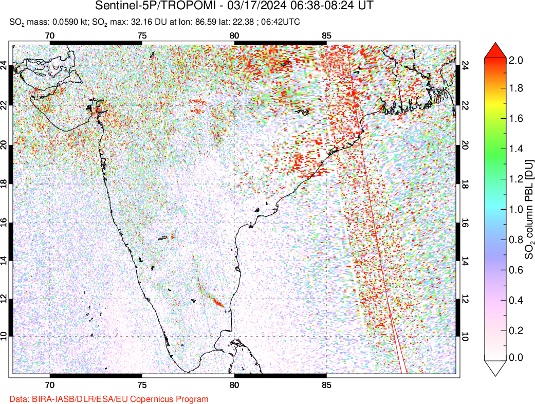 A sulfur dioxide image over India on Mar 17, 2024.