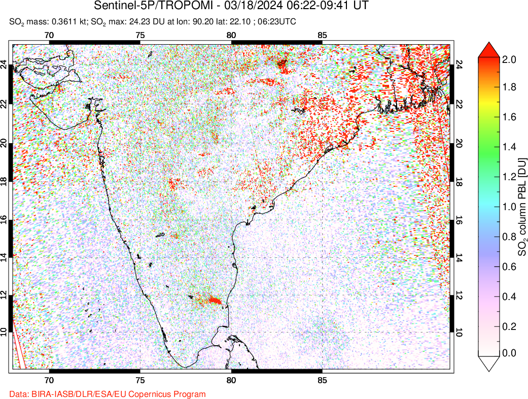 A sulfur dioxide image over India on Mar 18, 2024.