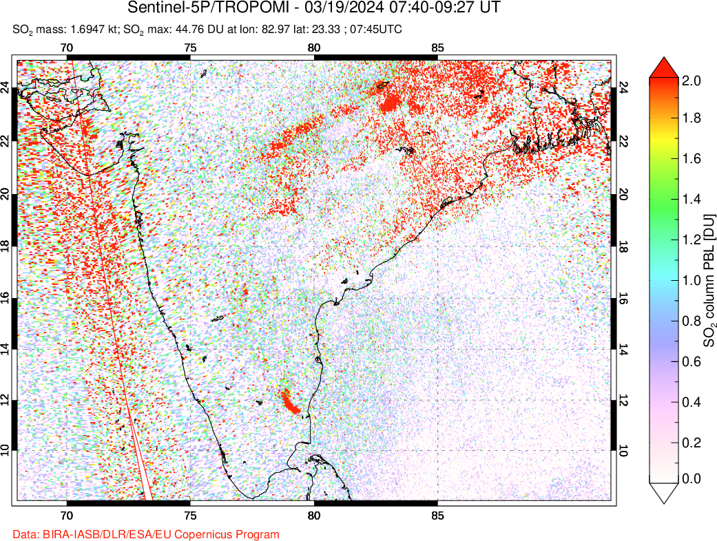 A sulfur dioxide image over India on Mar 19, 2024.