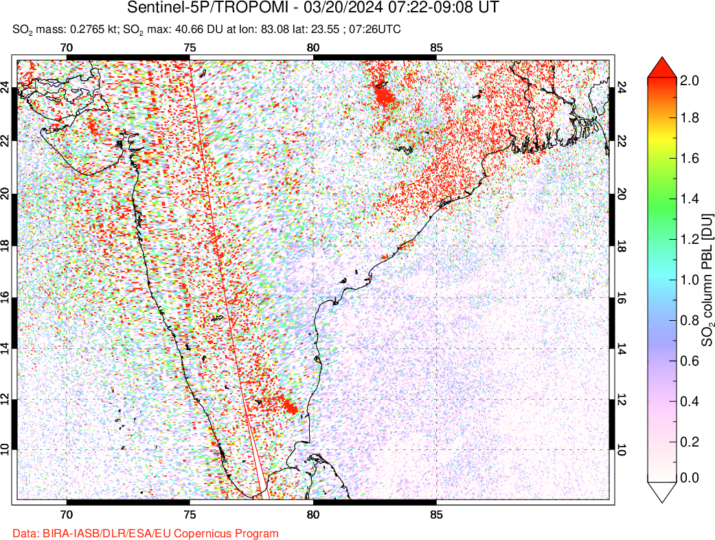 A sulfur dioxide image over India on Mar 20, 2024.