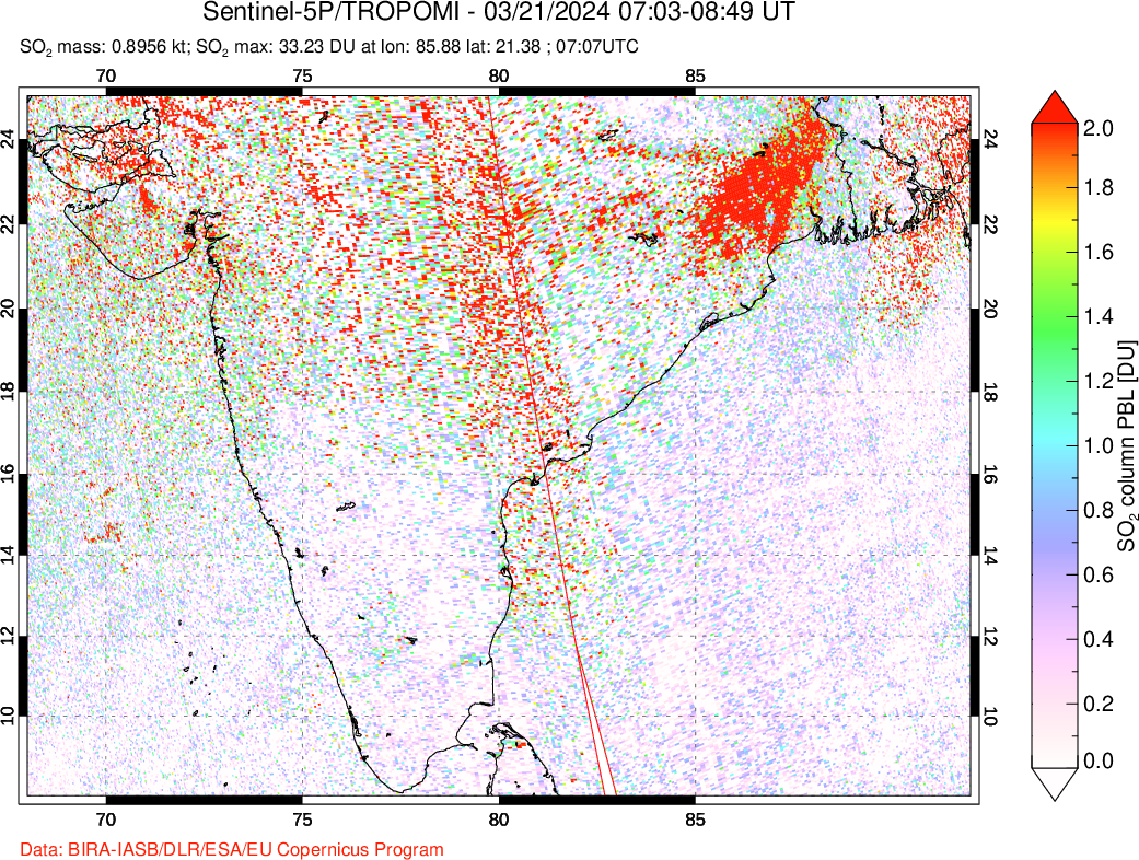 A sulfur dioxide image over India on Mar 21, 2024.