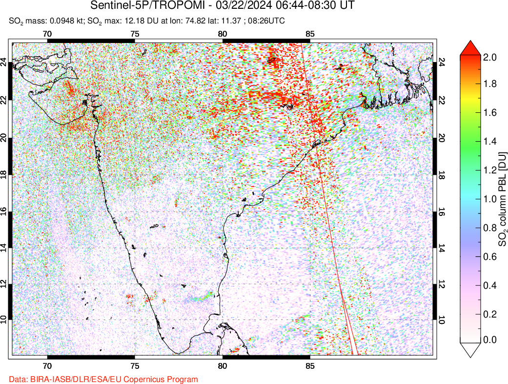 A sulfur dioxide image over India on Mar 22, 2024.