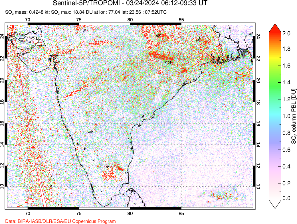 A sulfur dioxide image over India on Mar 24, 2024.