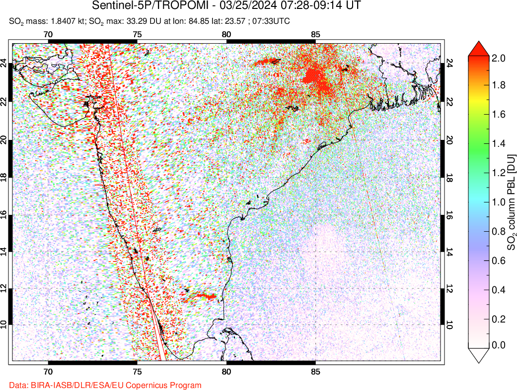 A sulfur dioxide image over India on Mar 25, 2024.