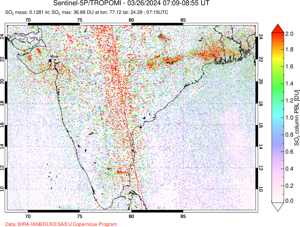 A sulfur dioxide image over India on Mar 26, 2024.