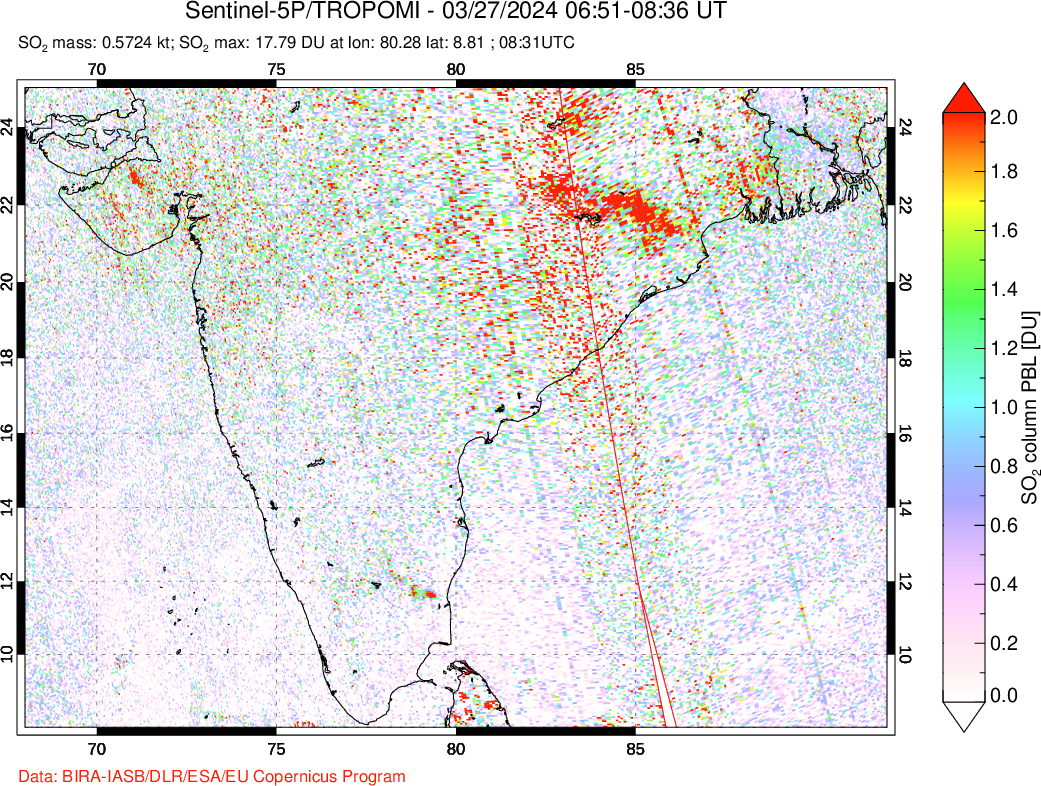 A sulfur dioxide image over India on Mar 27, 2024.