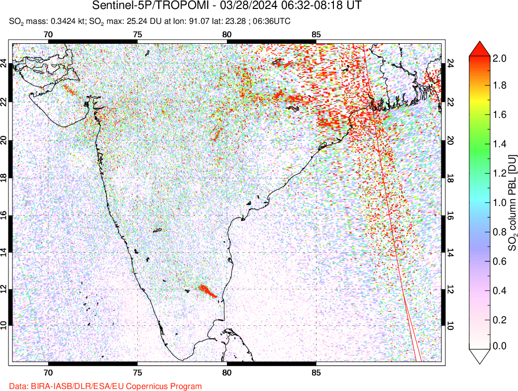 A sulfur dioxide image over India on Mar 28, 2024.