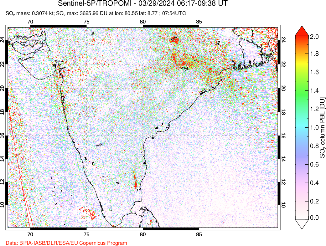 A sulfur dioxide image over India on Mar 29, 2024.