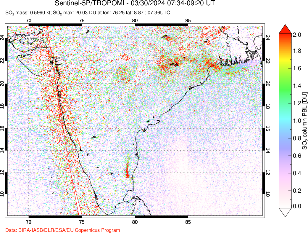 A sulfur dioxide image over India on Mar 30, 2024.